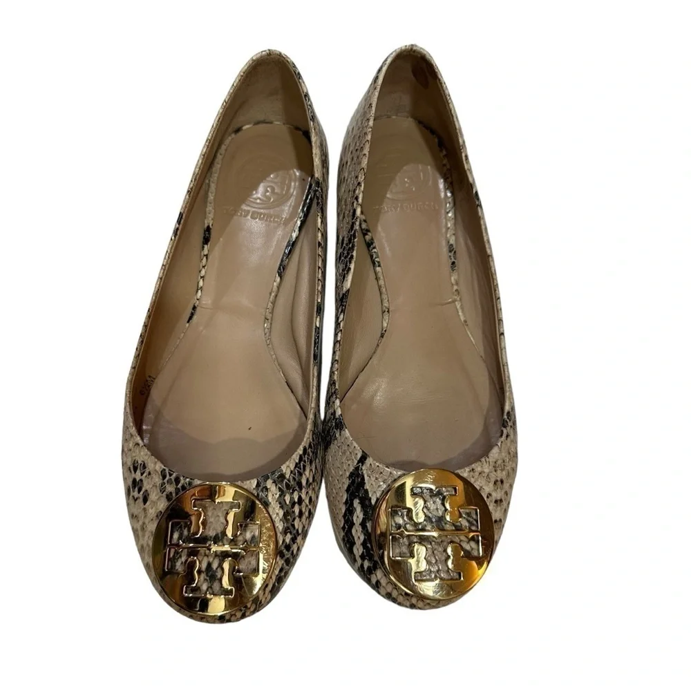 Tory Burch Brown Cream Leather Roccio Python Reva Ballet Flats Goldtone Logo